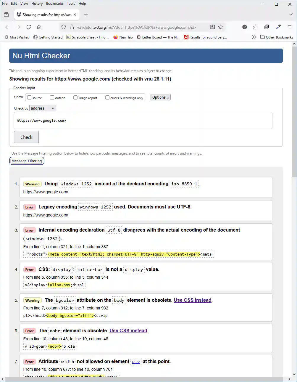 Google HTML Validation Report