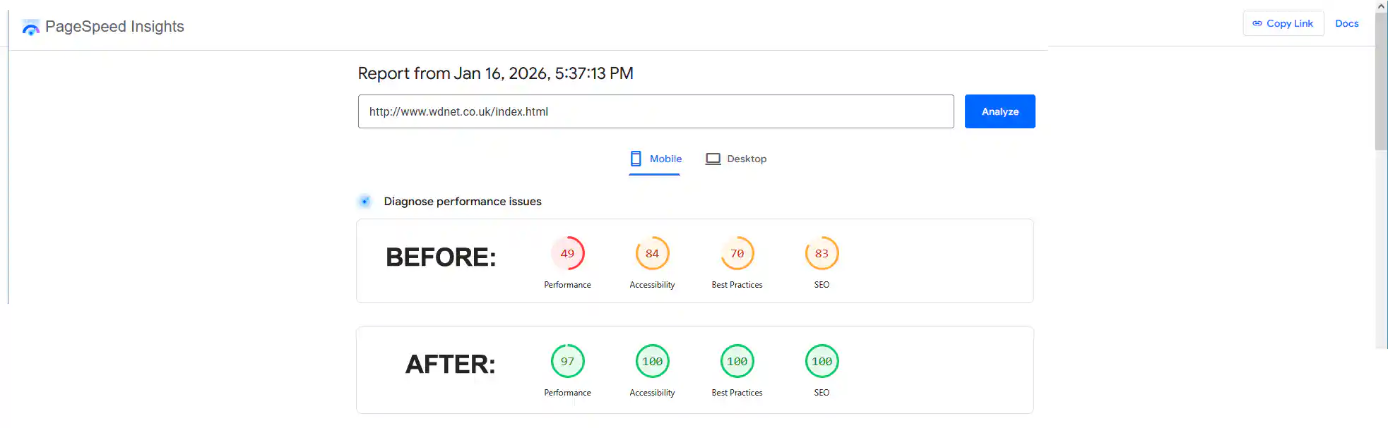 WDNet PageSpeed results before and after optimisation